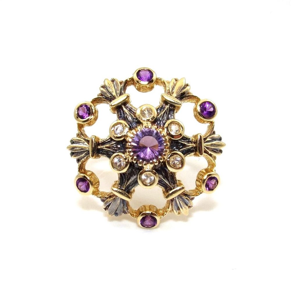 Vintage 14K Yellow Gold Purple Amethyst White Topaz Halo Cocktail Ring Size 7.5